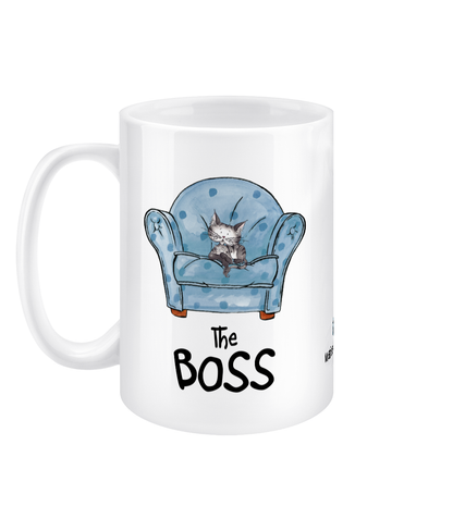 Matisse the cat the boss 15oz jumbo mug with the handle on the left.