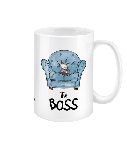 Matisse the cat the boss 15oz jumbo mug with the handle on the right.