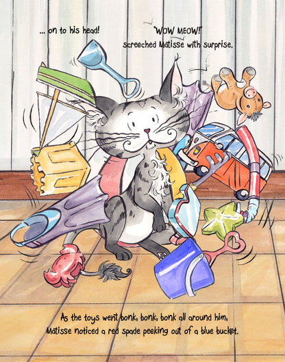 Matisse the Cat being bumped on the head by toys. From Matisse and the Little Lost Donkey. A children's picture book from 'The Curious Adventures of Matisse the Cat' series.