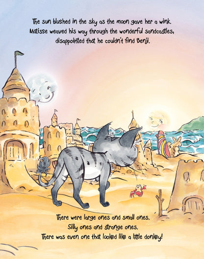 Matisse the Cat walking though the sandcastles. From Matisse and the Little Lost Donkey. A children's picture book from 'The Curious Adventures of Matisse the Cat' series.