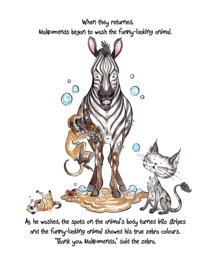 Matisse the Cat washing the zebra. From Matisse and the Cheeky Monkey. A children's picture book from 'The Curious Adventures of Matisse the Cat' series.
