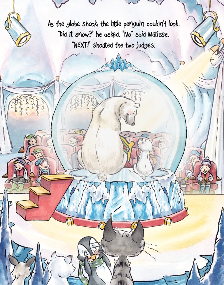 Matisse the Cat watching the polar bears audition. From Matisse and Santa’s Magic Snow Globe. A children's picture book from 'The Curious Adventures of Matisse the Cat' series.