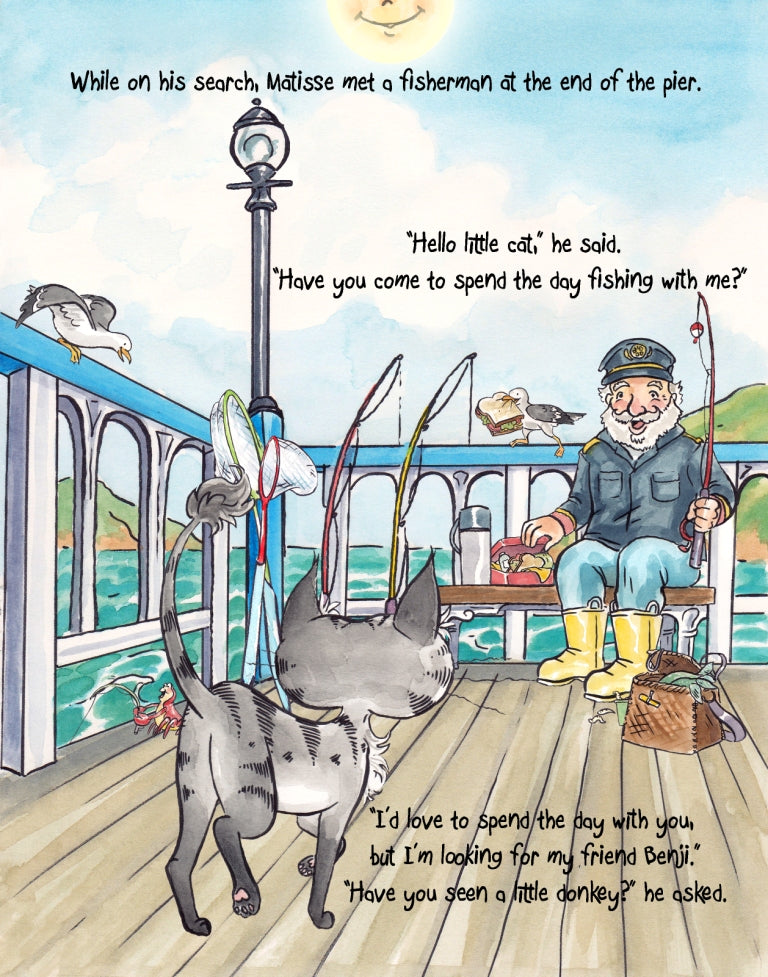 Matisse the Cat meeting the fisherman at the pier. From Matisse and the Little Lost Donkey. A children's picture book from 'The Curious Adventures of Matisse the Cat' series.