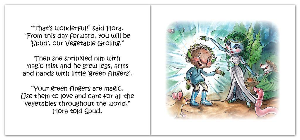 Spud Groling being sprinkled with magic mist and transforming from a baby potato to a Groling. A book from The Grolings Secret Tales series, by author Amanda Walsh.