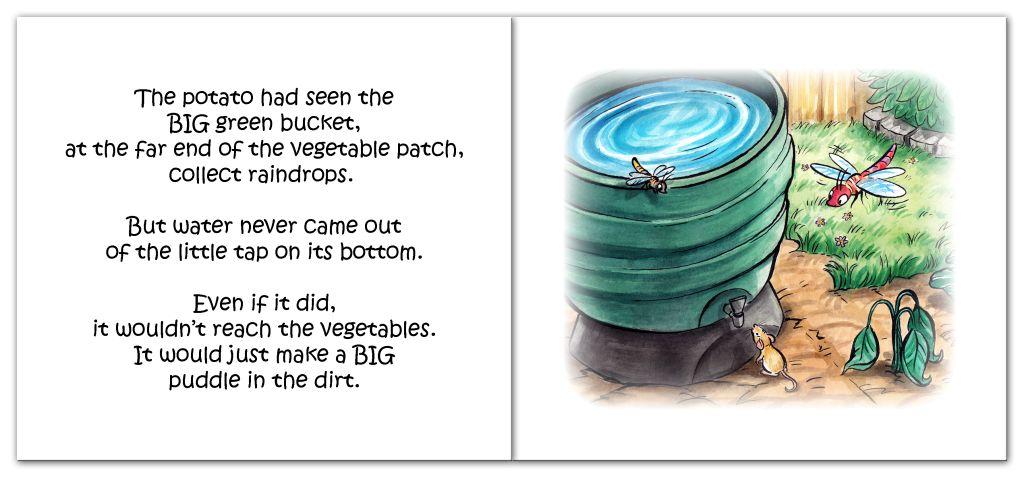Spud Groling inspecting the big green bucket. A book from The Grolings Secret Tales series, by author Amanda Walsh.