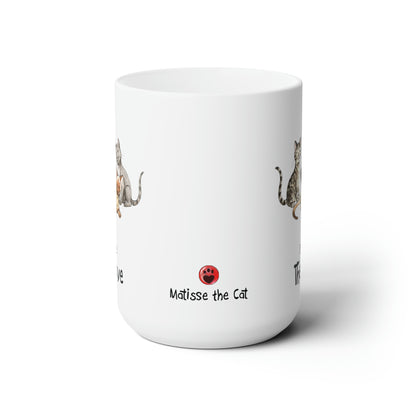 USA Matisse the cat Feline the Love 15oz jumbo displaying the Matisse paw button in the centre of the mug.