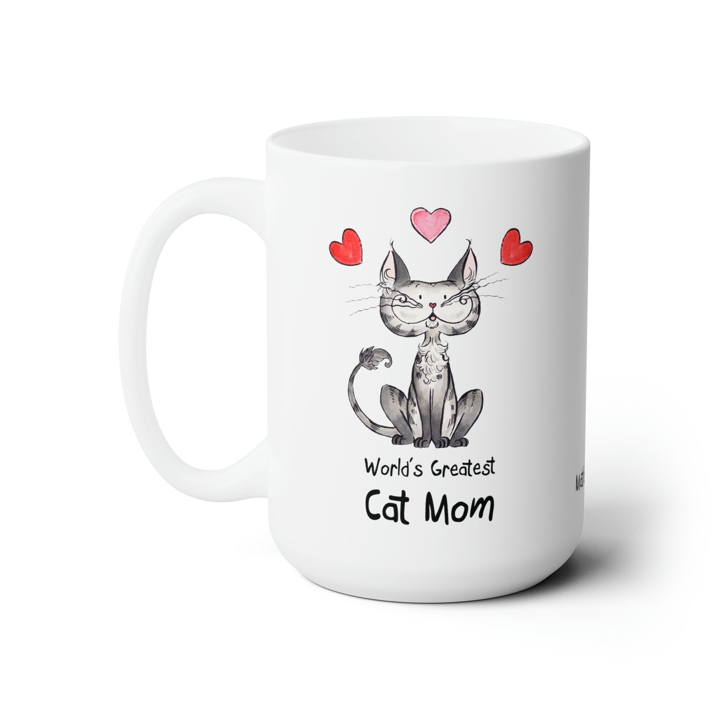 USA Matisse the cat world’s greatest cat mom 15oz jumbo mug with the handle on the left.