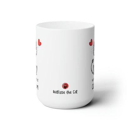USA Matisse the cat world’s greatest cat mom 15oz jumbo displaying the Matisse paw button in the centre of the mug.