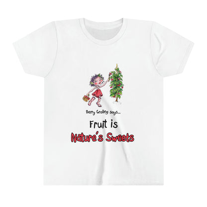 A white official Grolings kids' t-shirt, featuring the phrase 'Berry Groling says... Fruit is Nature’s Sweets'. The t-shirt showcases Berry Groling, painting sweetness into raspberries on a bush. Berry Groling is holding a basket filled with fresh raspberries, capturing the abundance and delectable sweetness of nature's bounty. The scene encourages the wearer to appreciate and enjoy the natural delights provided by the Earth.