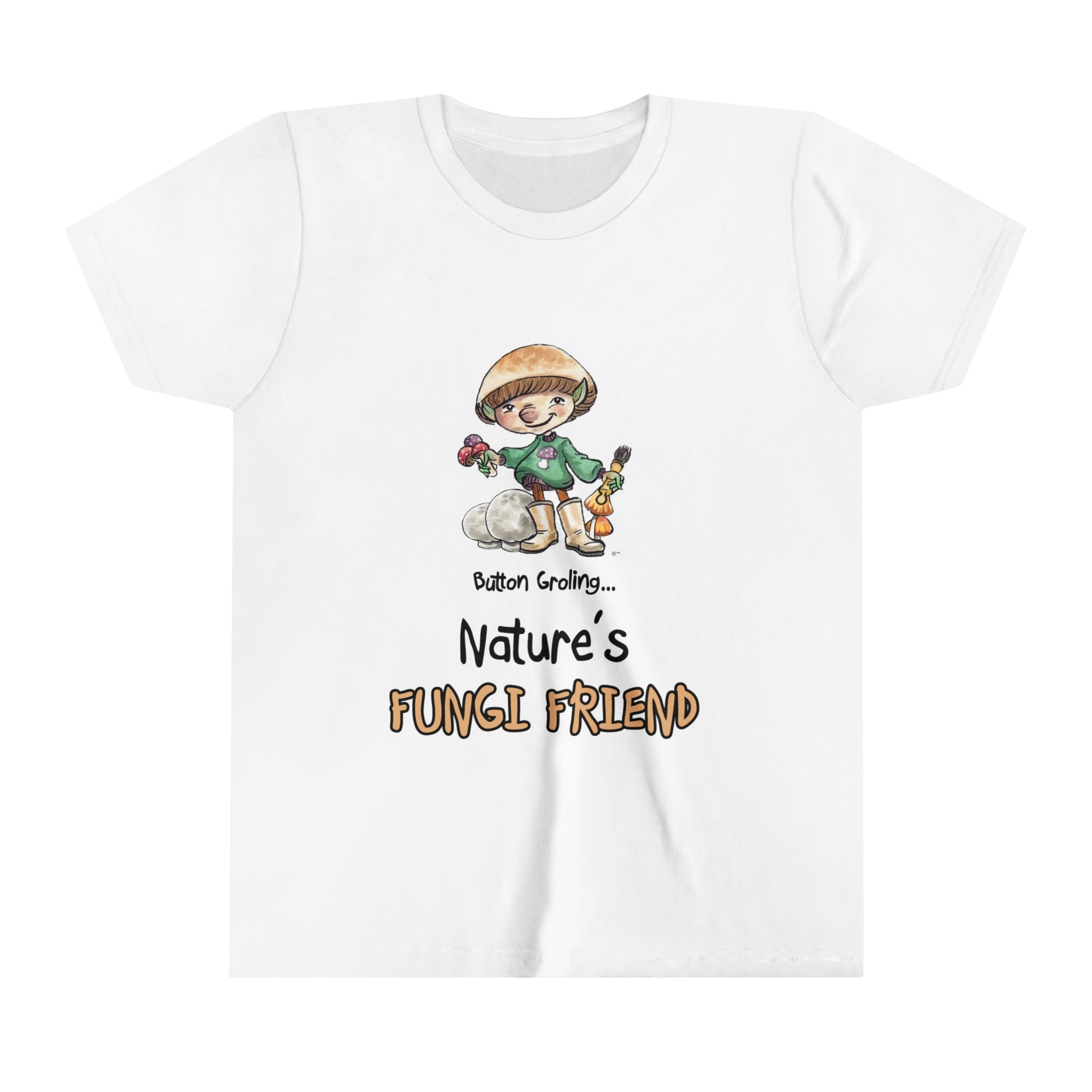 A white official Grolings kids' t-shirt, featuring the phrase 'Button Groling... Nature’s Fungi Friend.' The t-shirt showcases Button Groling, holding a little group of toadstools in one hand and a mushroom brush in the other. Beside Button Groling, there are two large puffball mushrooms, symbolising the importance of fungi in the forest ecosystem.
