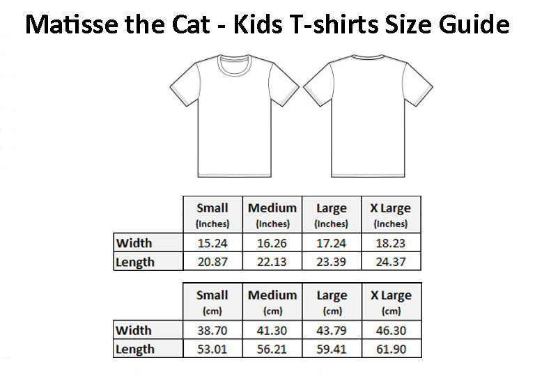 Matisse the Cat kids t-shirt size guide