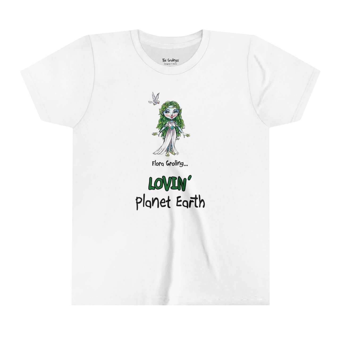 A white official USA Grolings kids t-shirt, featuring the phrase 'Flora Groling says... I'm Lovin' Planet Earth' in charming font. The t-shirt showcases Flora Groling, wearing a beautiful white dress and an Earth necklace.