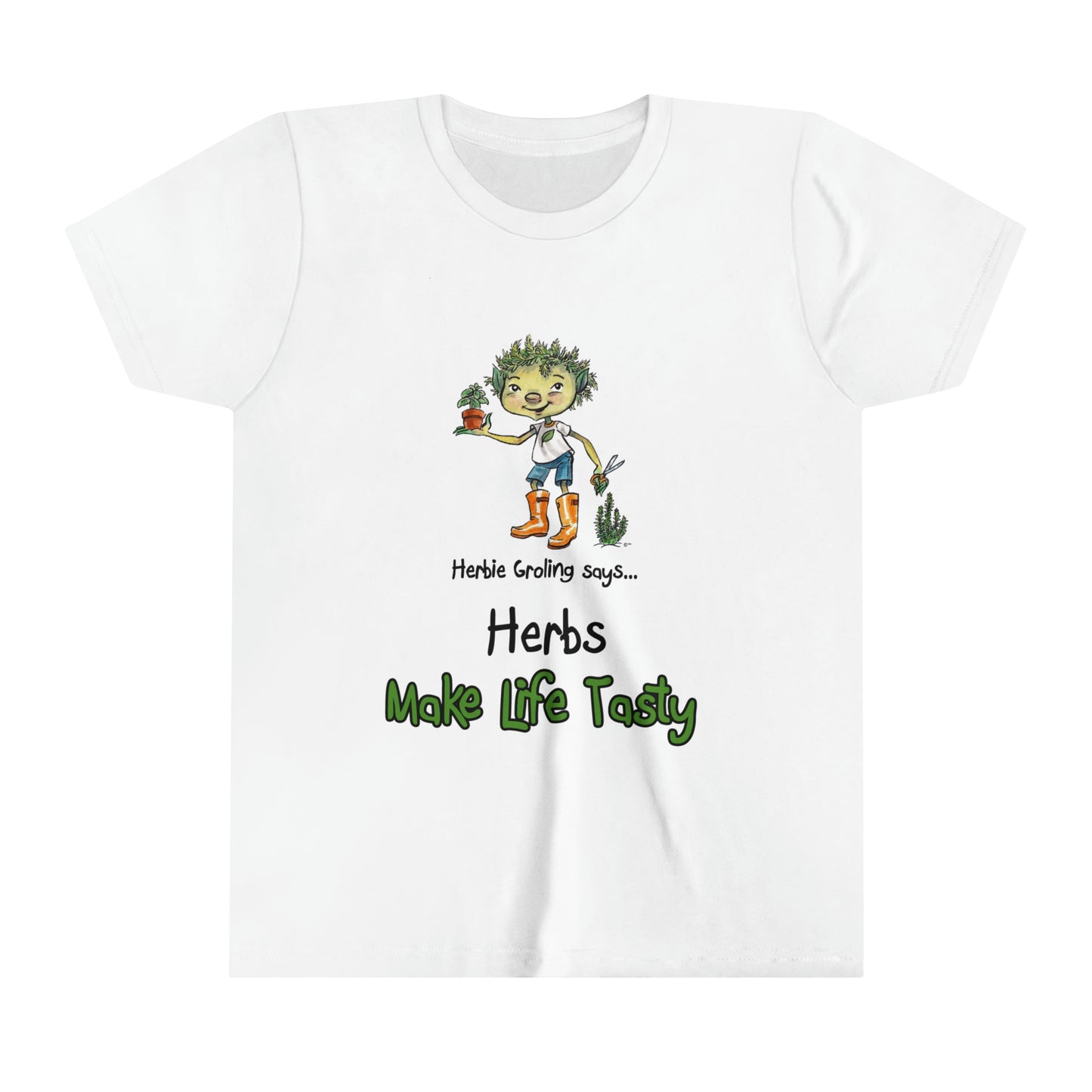 A white official Grolings kids' t-shirt, featuring the phrase 'Herbie Groling says... Herbs Make Life Tasty. The t-shirt showcases Herbie Groling, holding a basil plant in a pot. Beside Herbie, a thriving rosemary bush adds to the scene. The imagery highlights the delightful flavours and aromatic qualities that herbs bring to our lives, encouraging an appreciation for the culinary joys and benefits of herbs.