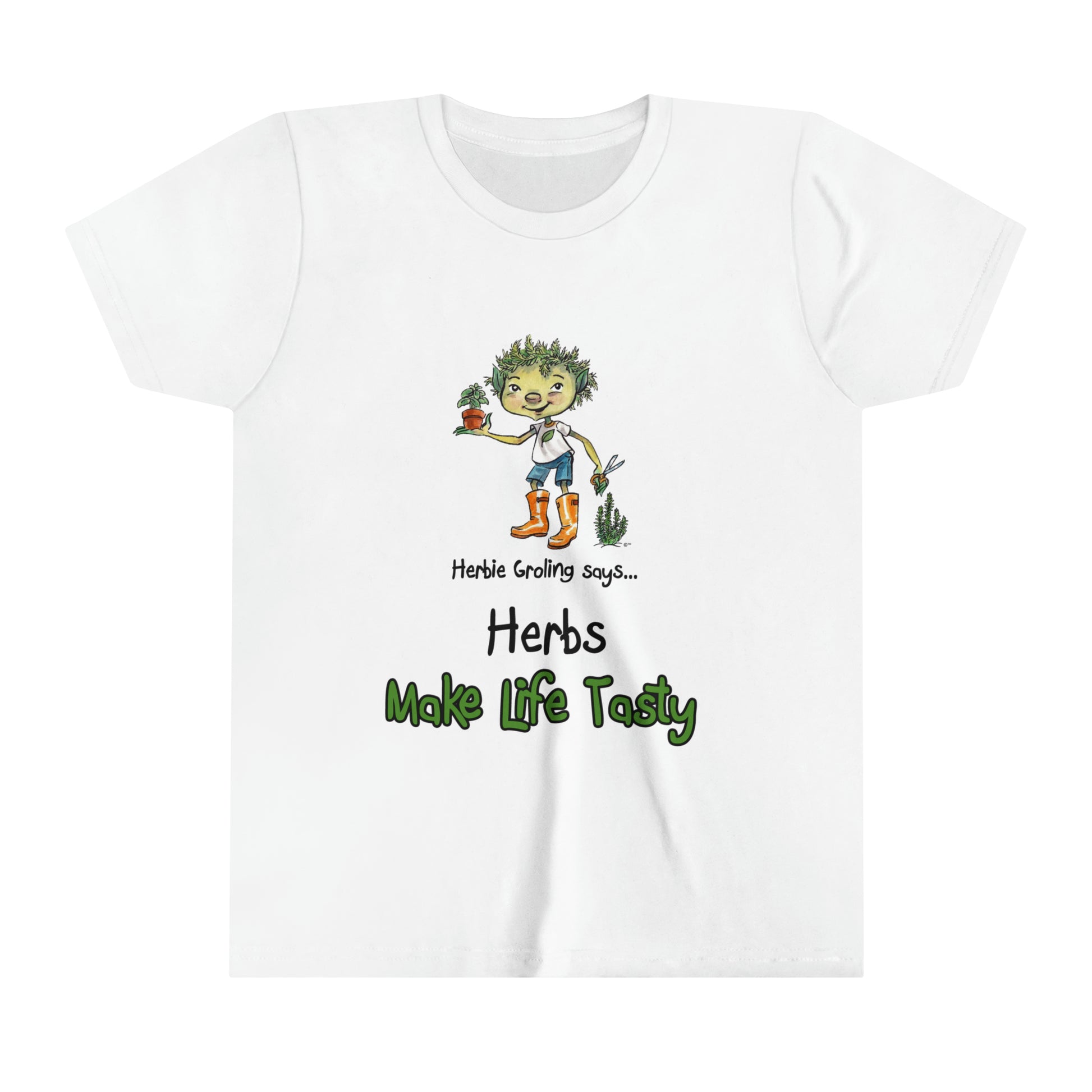 A white official Grolings kids' t-shirt, featuring the phrase 'Herbie Groling says... Herbs Make Life Tasty. The t-shirt showcases Herbie Groling, holding a basil plant in a pot. Beside Herbie, a thriving rosemary bush adds to the scene. The imagery highlights the delightful flavours and aromatic qualities that herbs bring to our lives, encouraging an appreciation for the culinary joys and benefits of herbs.
