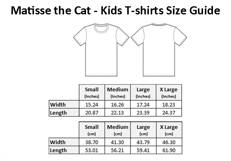 Matisse the Cat - Children’s T-shirt Size Guide.