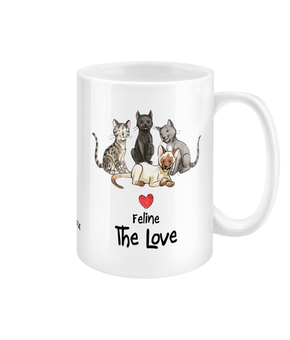Matisse the cat Feline the Love 15oz jumbo mug with the handle on the right.