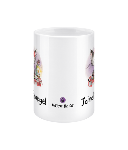 Matisse the Cat 15oz jumbo mug. With the slogan J'aime le fromge. Centre view displaying two images.