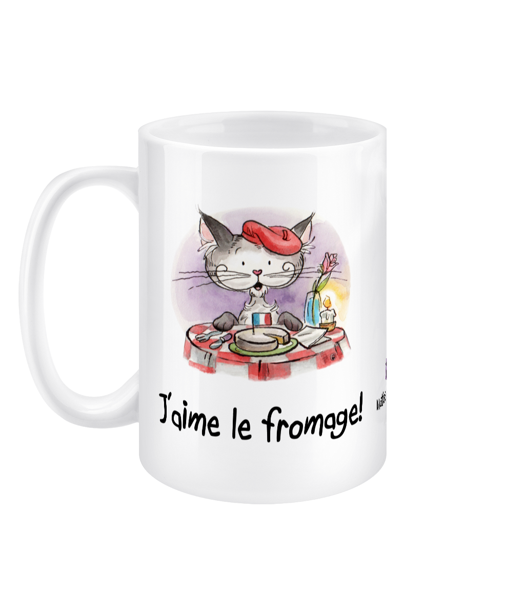 Matisse the Cat 15oz jumbo mug. With the slogan J'aime le fromge. With the handle on the left.