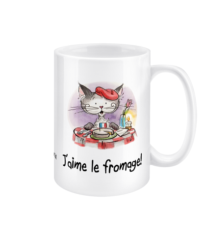 Matisse the Cat 15oz jumbo mug. With the slogan J'aime le fromge. With the handle on the right.