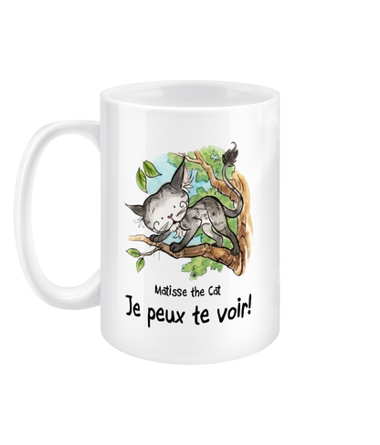 Matisse the cat je peux te voir 15oz jumbo mug with handle on the left.