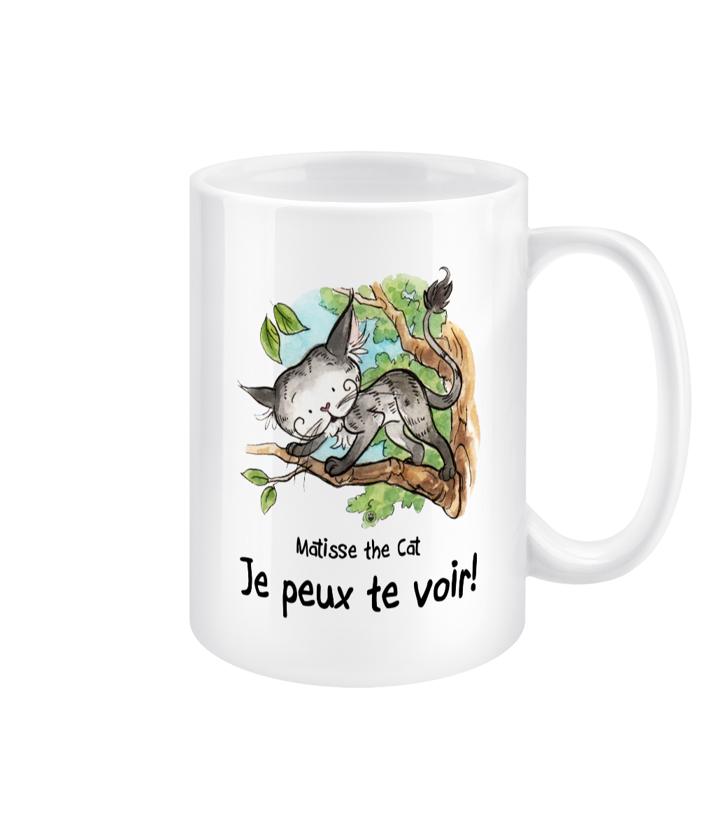 Matisse the cat je peux te voir 15oz jumbo mug with handle on the right.