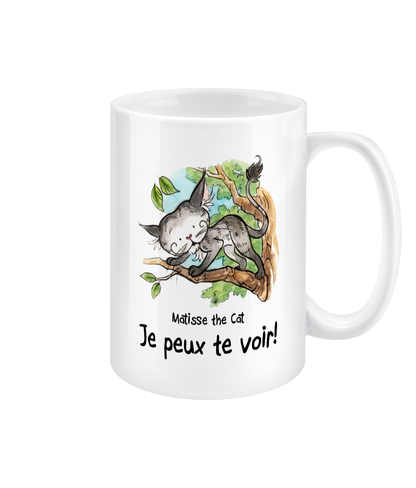 Matisse the cat je peux te voir 15oz jumbo mug with handle on the right.