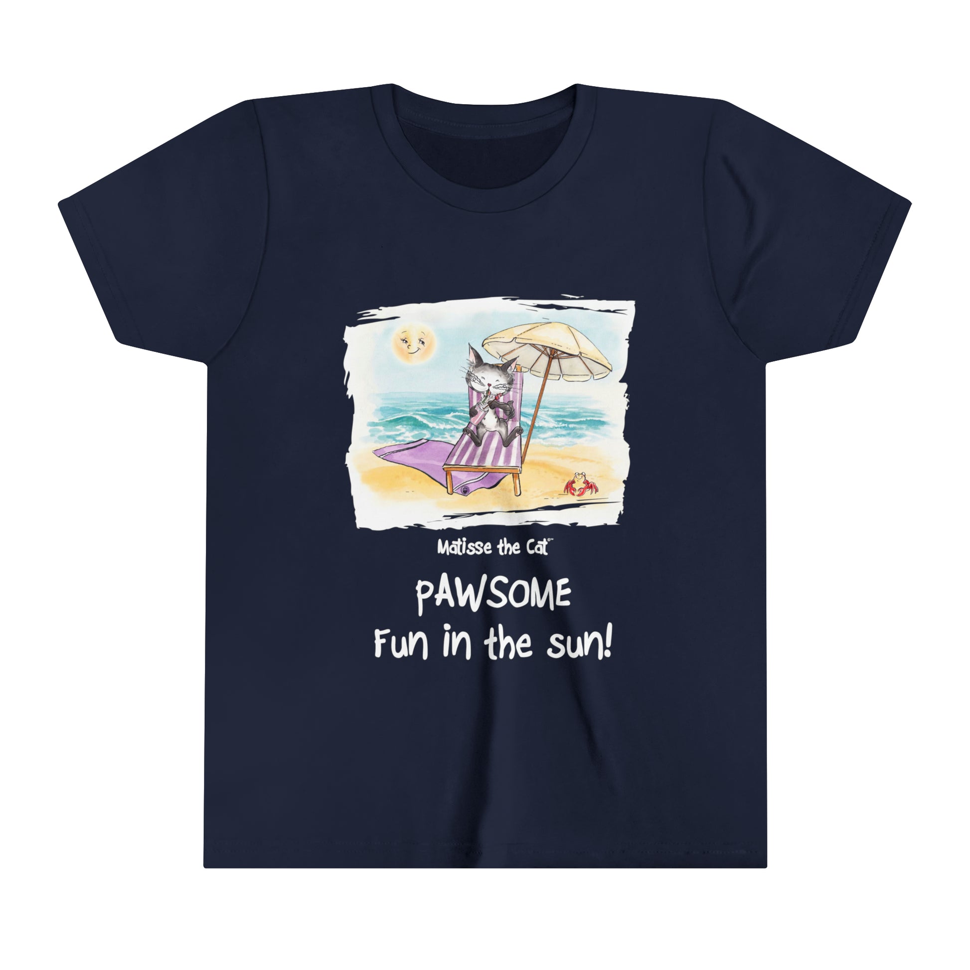 A navy blue official, Matisse the Cat children’s t-shirt with the slogan ‘Pawsome Fun in the Sun ‘ showcases Matisse at the beach, relaxing on a sun lounger sipping a mile shake.