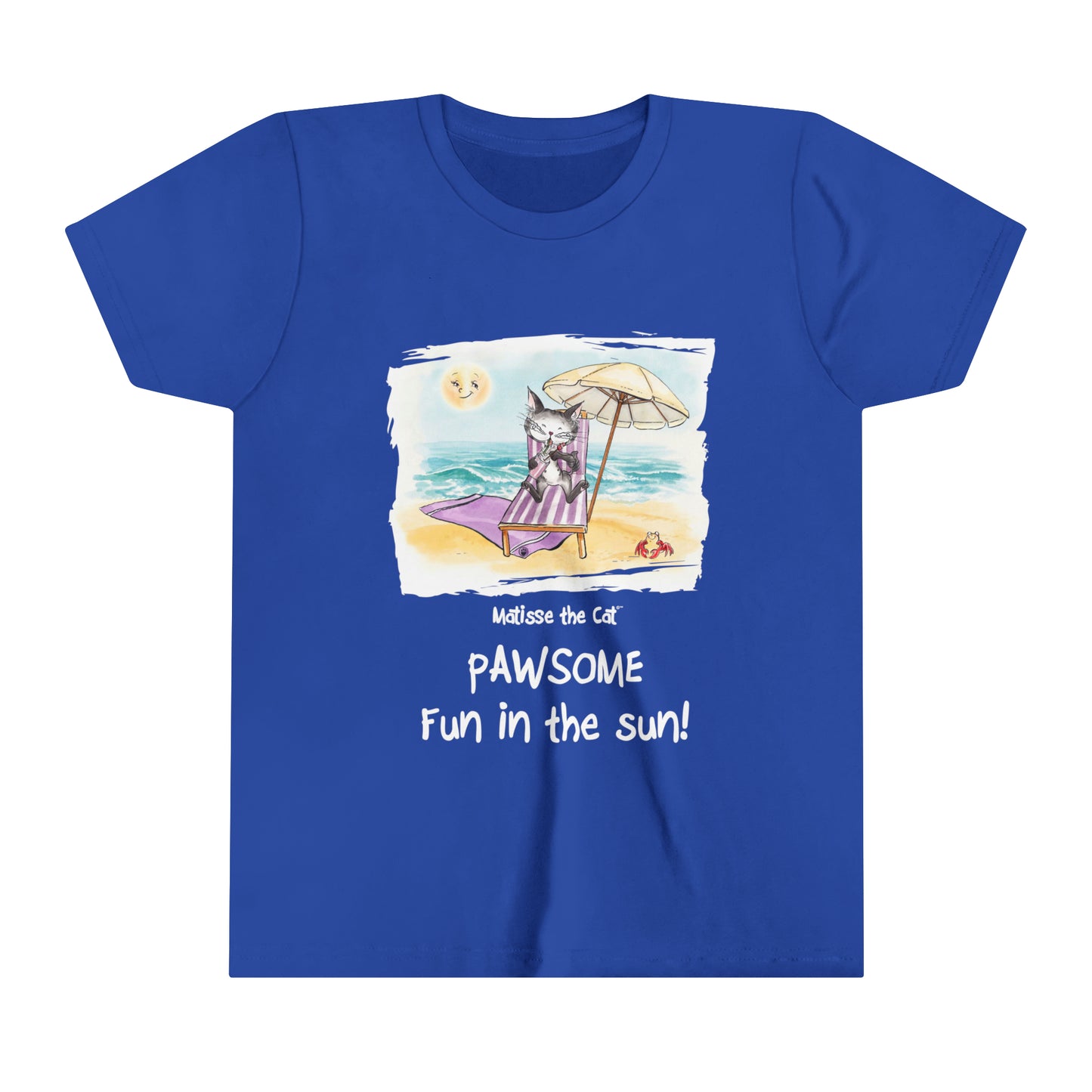 A true blue official, Matisse the Cat children’s t-shirt with the slogan ‘Pawsome Fun in the Sun ‘ showcases Matisse at the beach, relaxing on a sun lounger sipping a mile shake.