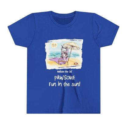A true blue official, Matisse the Cat children’s t-shirt with the slogan ‘Pawsome Fun in the Sun ‘ showcases Matisse at the beach, relaxing on a sun lounger sipping a mile shake.