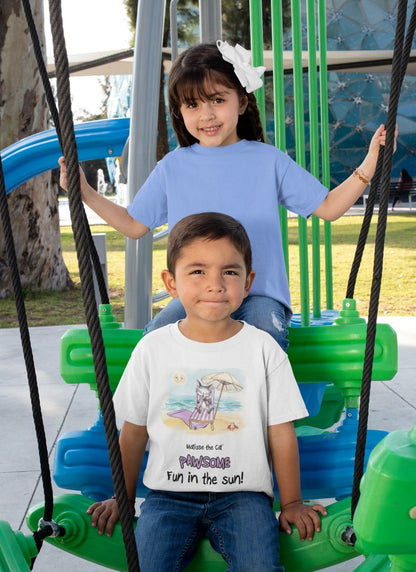 An white official, Matisse the Cat children’s t-shirt with the slogan ‘Pawsome Fun in the Sun ‘ showcases Matisse at the beach, relaxing on a sun lounger sipping a mile shake. Worn by a young boy sitting on a play park swing in front of his sister.