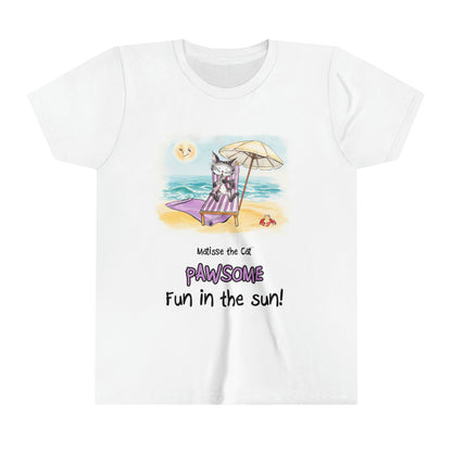 A white official, Matisse the Cat children’s t-shirt with the slogan ‘Pawsome Fun in the Sun ‘ showcases Matisse at the beach, relaxing on a sun lounger sipping a mile shake.