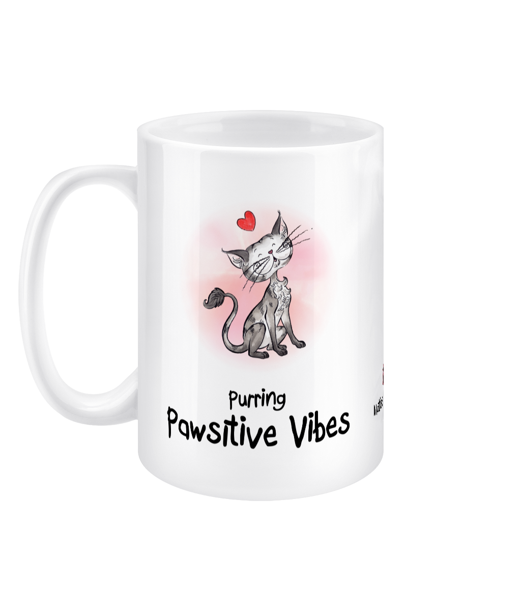 Matisse the cat purring positive vibes 15oz jumbo mug with the handle on the left.