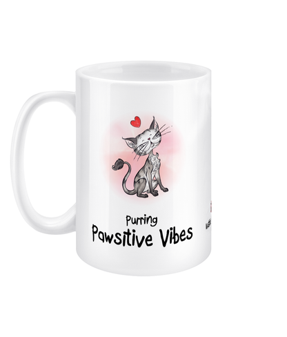 Matisse the cat purring positive vibes 15oz jumbo mug with the handle on the left.