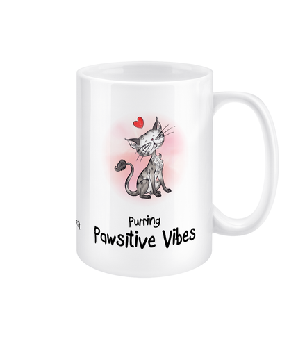 Matisse the cat purring positive vibes 15oz jumbo mug with the handle on the right.