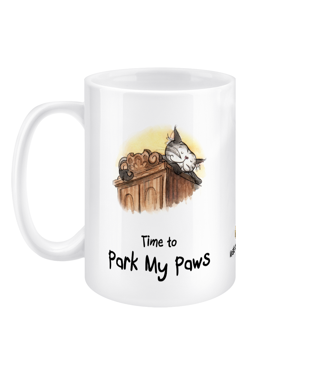 Matisse the cat time to park my paws 15oz jumbo mug with the handle on the left.
