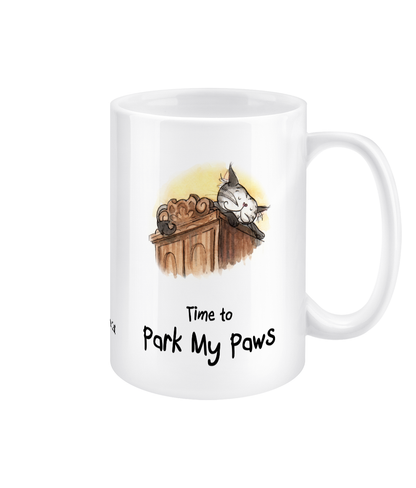 Matisse the cat time to park my paws 15oz jumbo mug with the handle on the right.