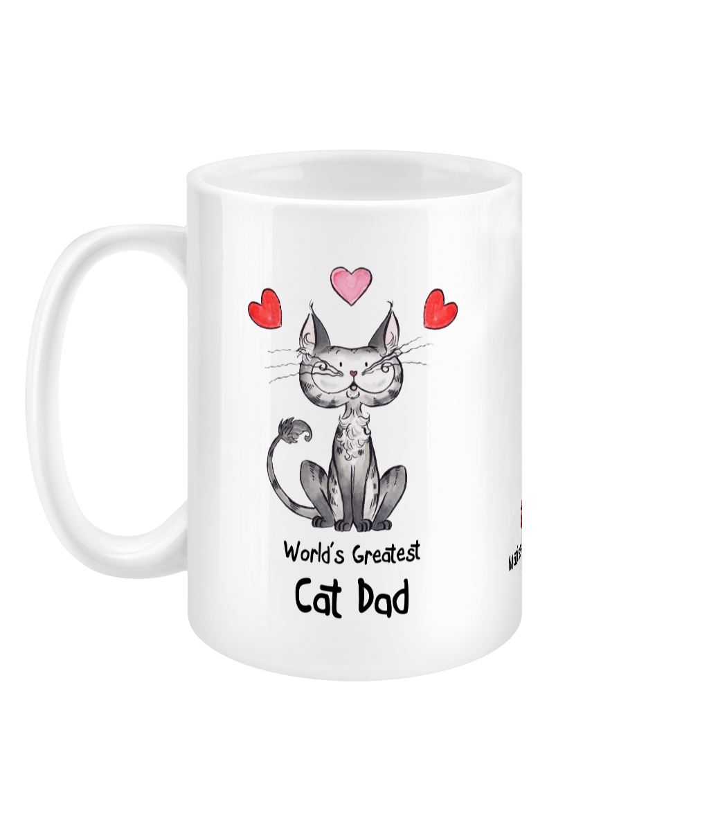 Matisse the cat world’s greatest cat dad 15oz jumbo mug with the handle on the left.