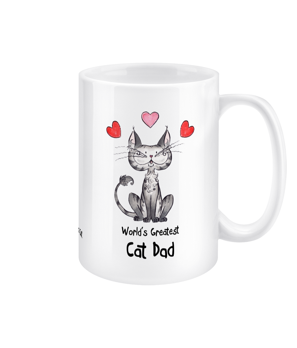 Matisse the cat world’s greatest cat dad 15oz jumbo mug with the handle on the right.