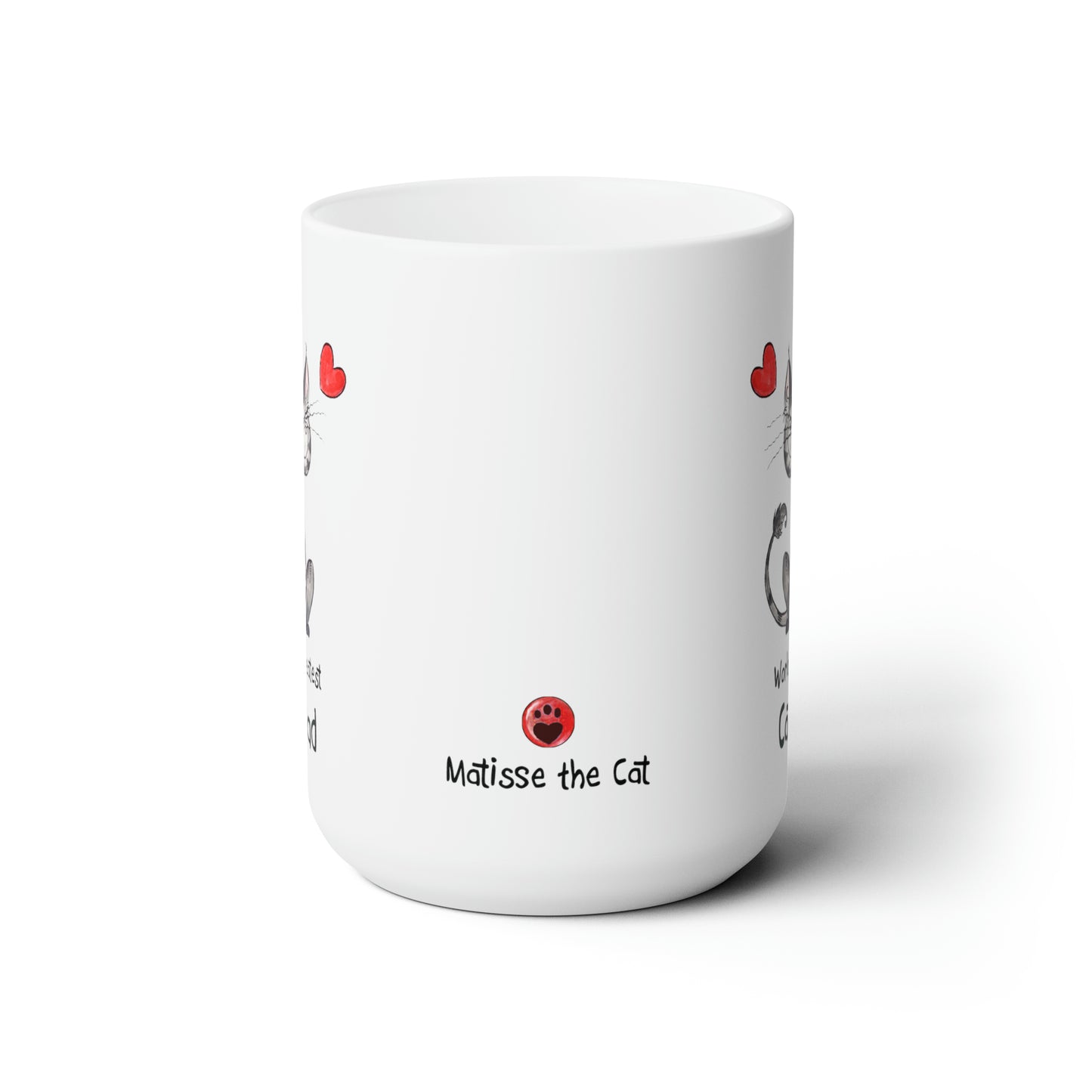USA Matisse the cat world’s greatest cat dad 15oz jumbo. Displaying the Matisse paw button in the centre of the mug.
