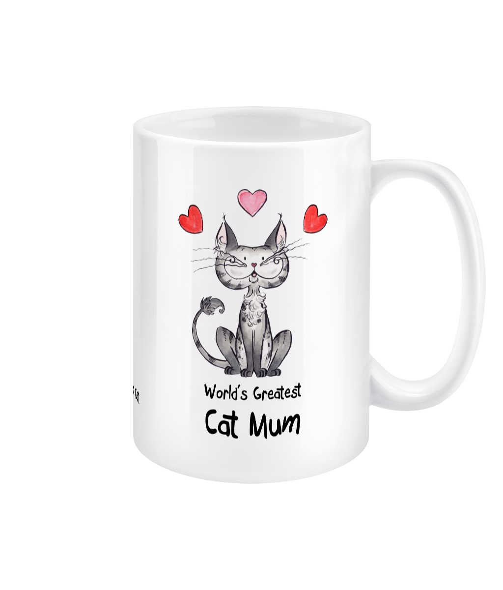 Matisse the cat world’s greatest cat mum 15oz jumbo mug with the handle on the right.