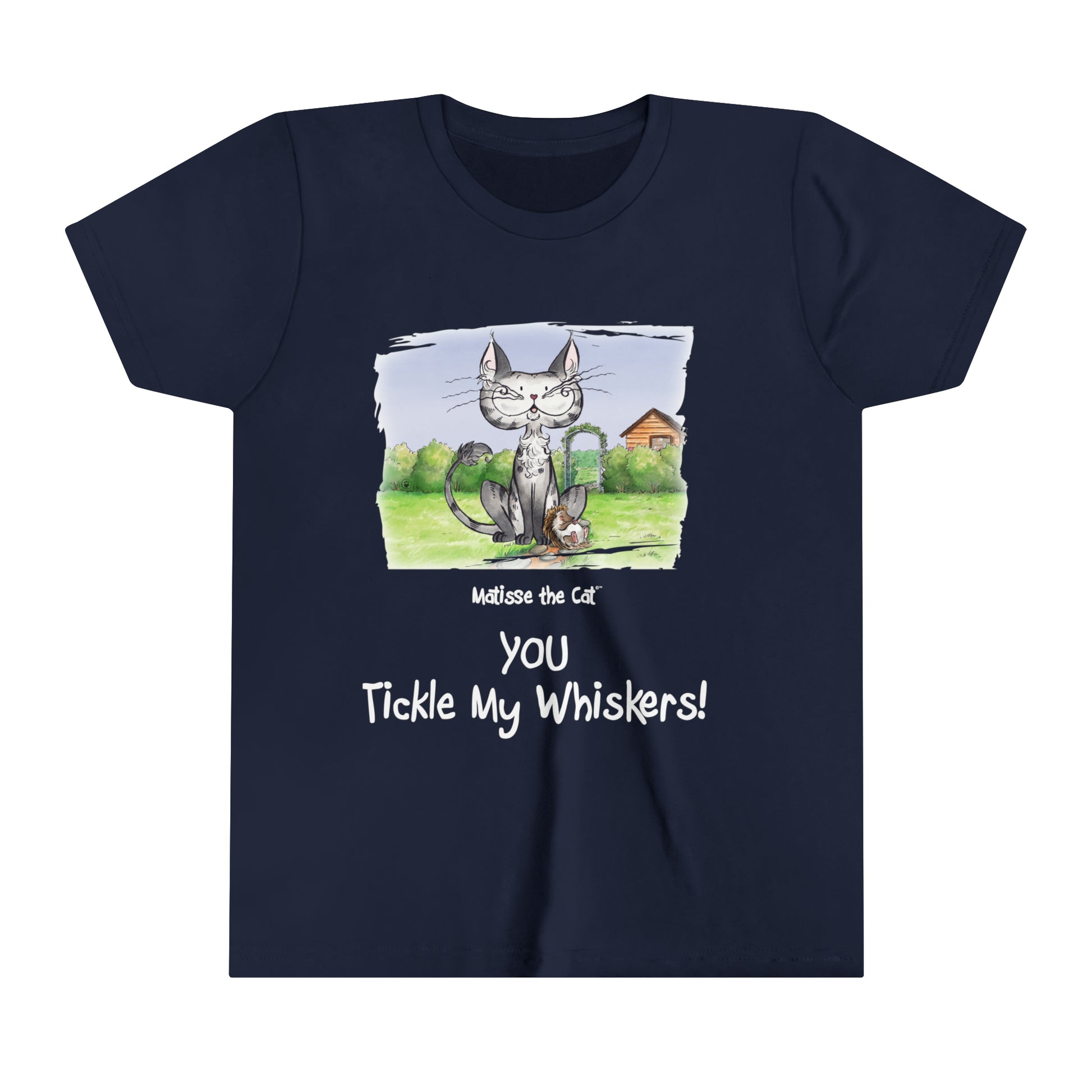 A navy blue official, Matisse the Cat children’s t-shirt with the slogan ‘YOU Tickle My Whiskers ‘ showcases Matisse sitting in his garden smiling with a sleeping hedgehog curled up beside him resting on his leg. 