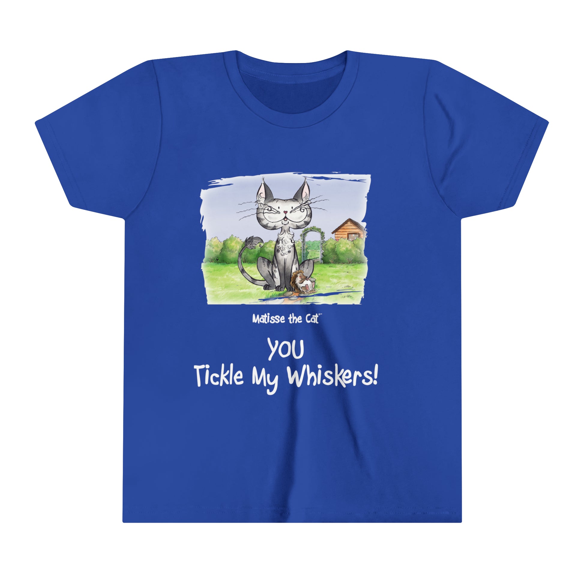 A true blue official, Matisse the Cat children’s t-shirt with the slogan ‘YOU Tickle My Whiskers ‘ showcases Matisse sitting in his garden smiling with a sleeping hedgehog curled up beside him resting on his leg. 