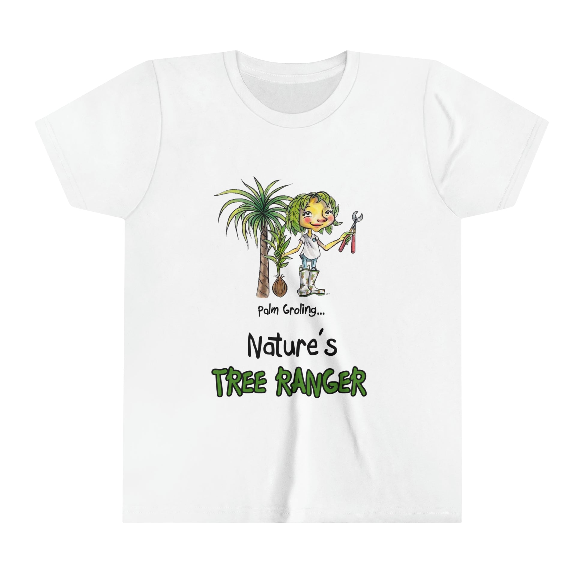 A white official Grolings kids' t-shirt, featuring the phrase 'Palm Groling... Nature’s Tree Ranger.' The t-shirt showcases Palm Groling, holding a young tree in one hand and pruning shears in the other. In the background, a majestic palm tree stands tall. The scene emphasises the importance and grandeur of trees as essential components of the Earth's ecosystem, promoting a sense of awe and reverence for these green giants.