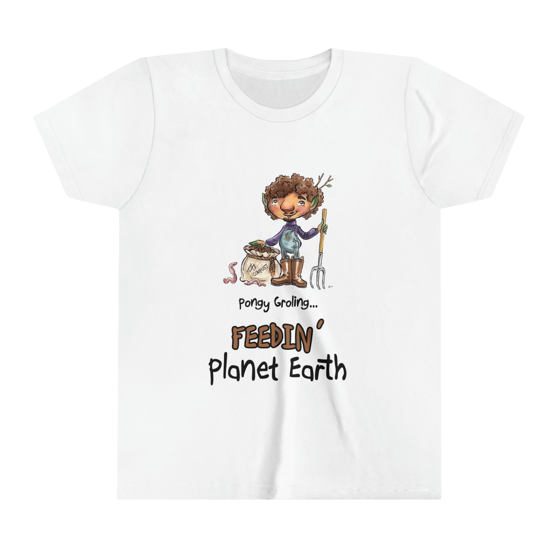 A white official Grolings kids' t-shirt, featuring the phrase 'Pongy Groling... Feedin’ Planet Earth.' The t-shirt showcases Pongy Groling, a character from ‘Matisse and the Topsy-Turvy Farm,’ standing beside a sack of compost. Pongy Groling is holding a garden fork, and a friendly worm is watching. The scene highlights the importance of nourishing the Earth through composting and fostering a harmonious relationship with nature.