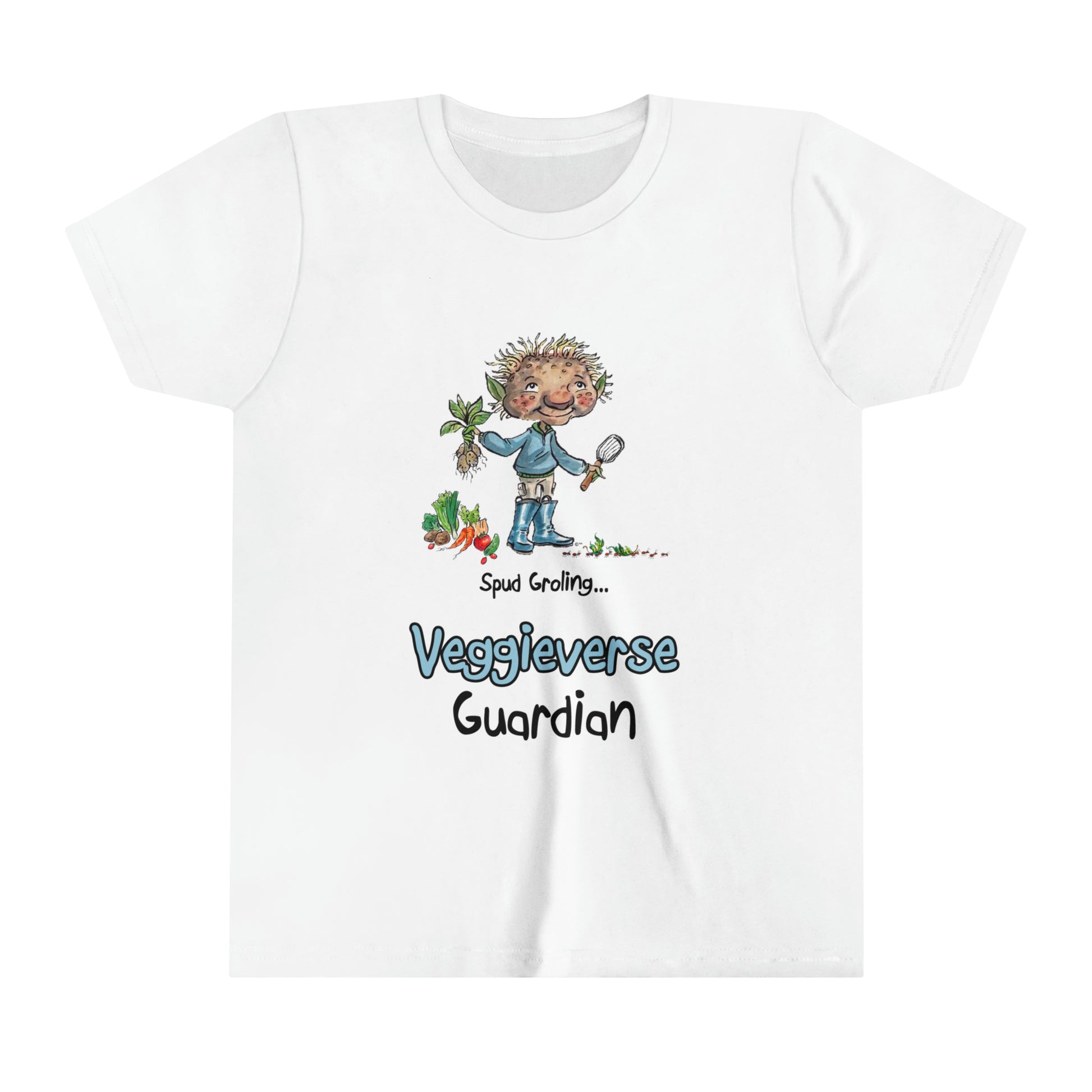 A white official Grolings kids t-shirt featuring the phrase 'Spud Groling... Veggieverse Guardian. The t-shirt showcases Spud Groling, standing with a freshly harvested potato plant in his hand, surrounded by a variety of fresh vegetables. Spud Groling's message encourages the wearer to embrace a role as a protector and caretaker of the vegetable world. 