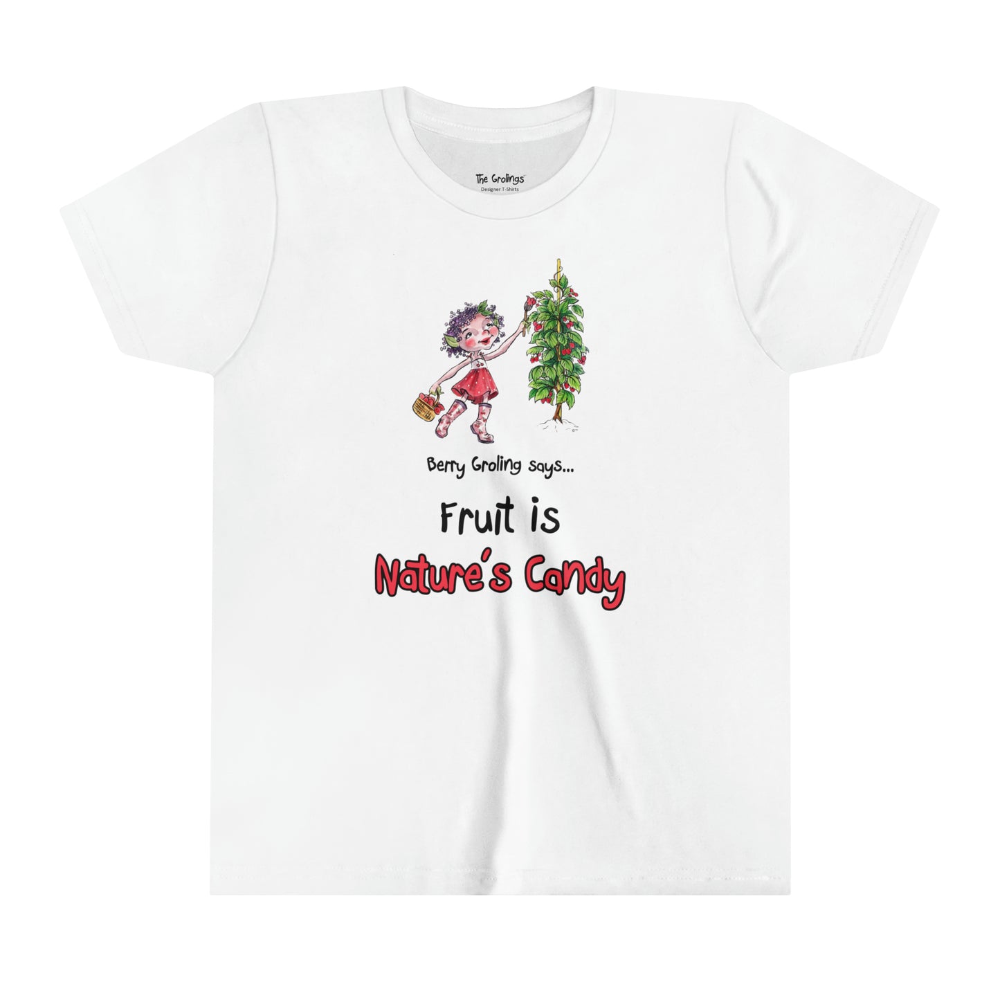 A white official Grolings kids' t-shirt, featuring the phrase 'Berry Groling says... Fruit is Nature’s Candy'. The t-shirt showcases Berry Groling, painting sweetness into raspberries on a bush. Berry Groling is holding a basket filled with fresh raspberries, capturing the abundance and delectable sweetness of nature's bounty. The scene encourages the wearer to appreciate and enjoy the natural delights provided by the Earth.
