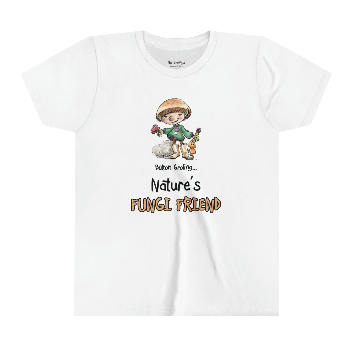 A white official USA Grolings kids' t-shirt, featuring the phrase 'Button Groling... Nature’s Fungi Friend.' The t-shirt showcases Button Groling, holding a little group of toadstools in one hand and a mushroom brush in the other. Beside Button Groling, there are two large puffball mushrooms, symbolising the importance of fungi in the forest ecosystem.