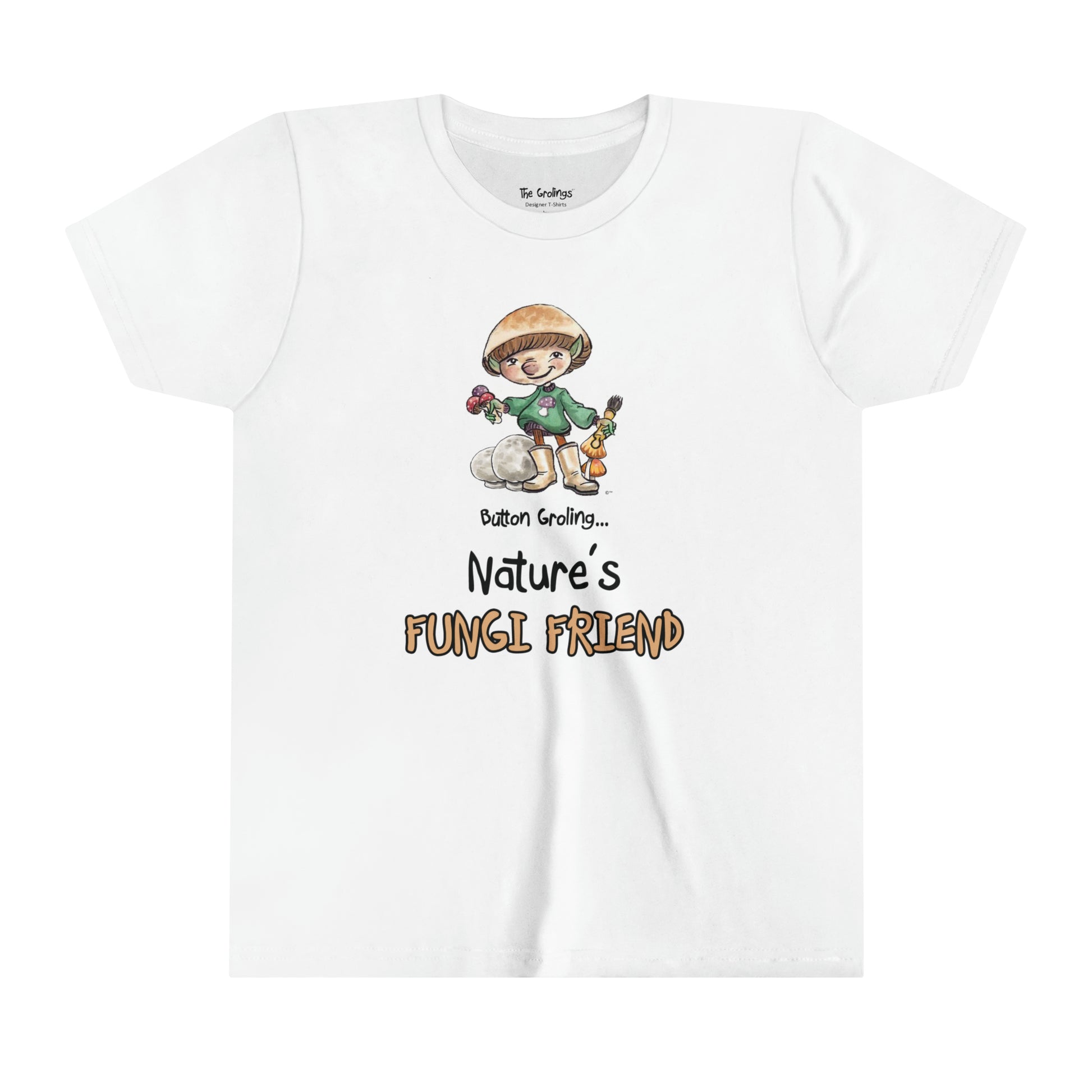 A white official USA Grolings kids' t-shirt, featuring the phrase 'Button Groling... Nature’s Fungi Friend.' The t-shirt showcases Button Groling, holding a little group of toadstools in one hand and a mushroom brush in the other. Beside Button Groling, there are two large puffball mushrooms, symbolising the importance of fungi in the forest ecosystem.