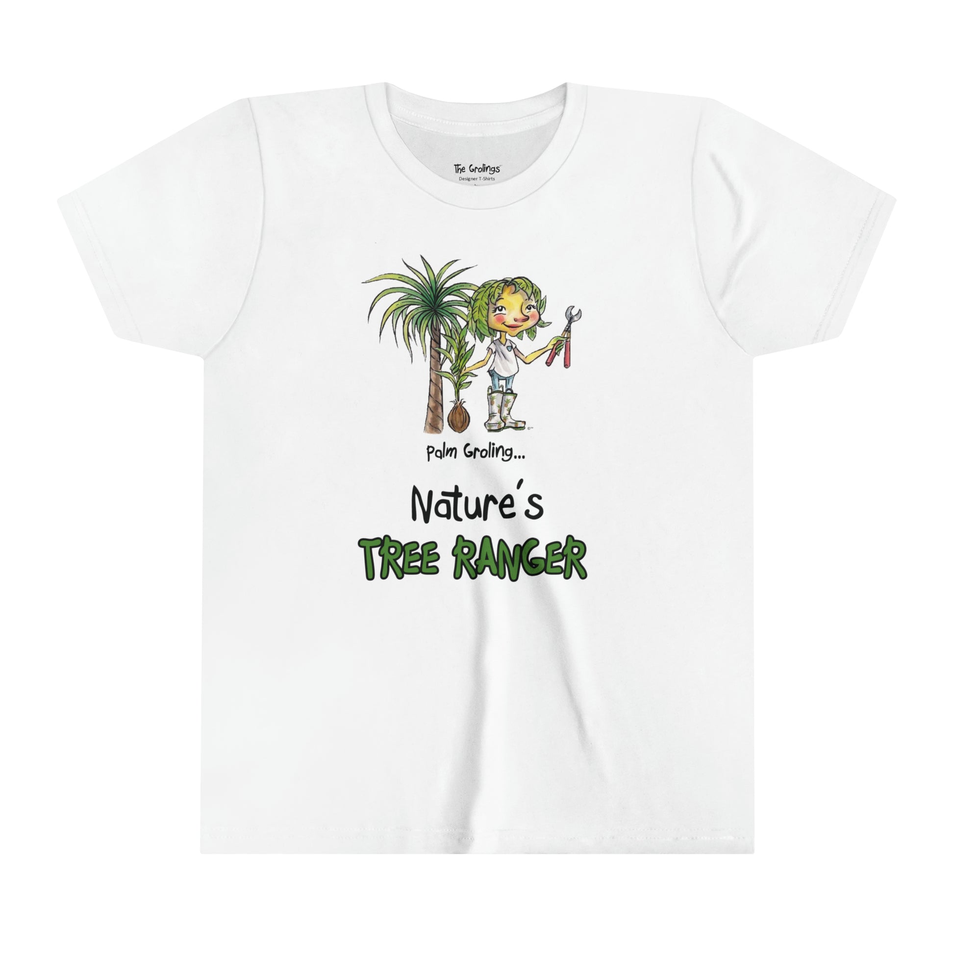 A white official USA Grolings kids' t-shirt, featuring the phrase 'Palm Groling... Nature’s Tree Ranger.' The t-shirt showcases Palm Groling, holding a young tree in one hand and pruning shears in the other. In the background, a majestic palm tree stands tall. The scene emphasises the importance and grandeur of trees as essential components of the Earth's ecosystem, promoting a sense of awe and reverence for these green giants. 