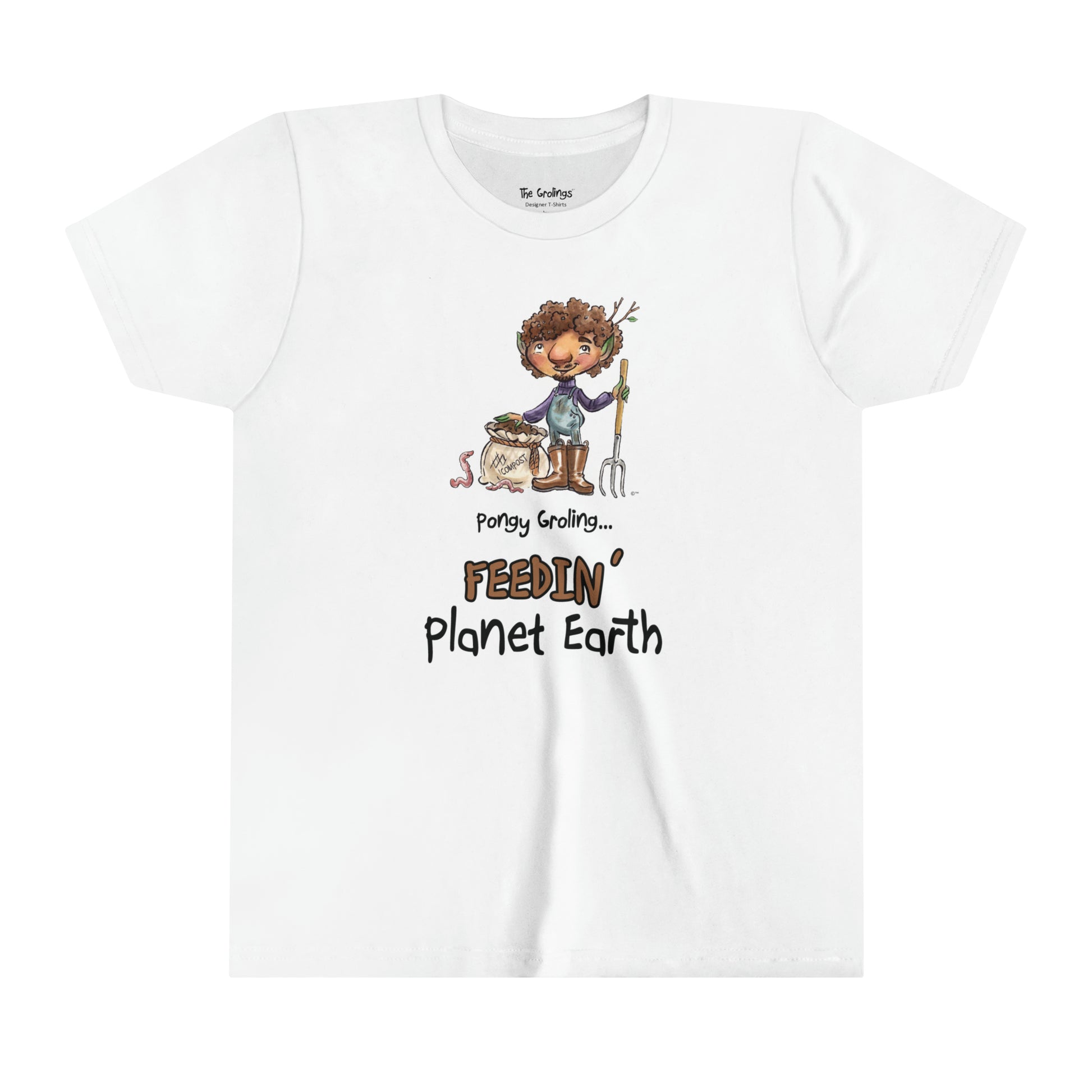 A white official USA Grolings kids' t-shirt, featuring the phrase 'Pongy Groling... Feedin’ Planet Earth.' The t-shirt showcases Pongy Groling, a character from ‘Matisse and the Topsy-Turvy Farm,’ standing beside a sack of compost. Pongy Groling is holding a garden fork, and a friendly worm is watching. The scene highlights the importance of nourishing the Earth through composting and fostering a harmonious relationship with nature. The 